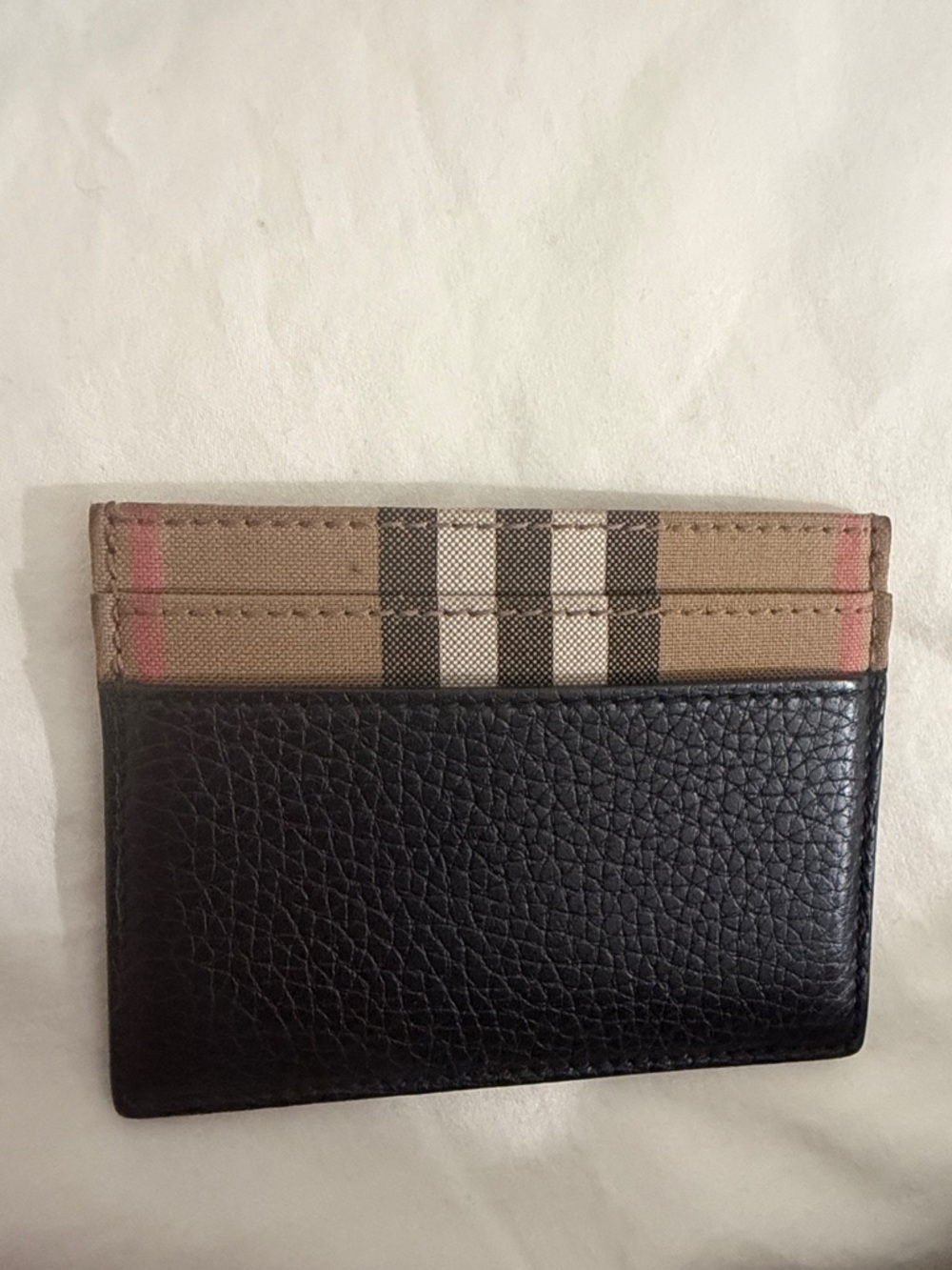 Burberry Black Leather Card Holder with Beige Check and Pink Accents